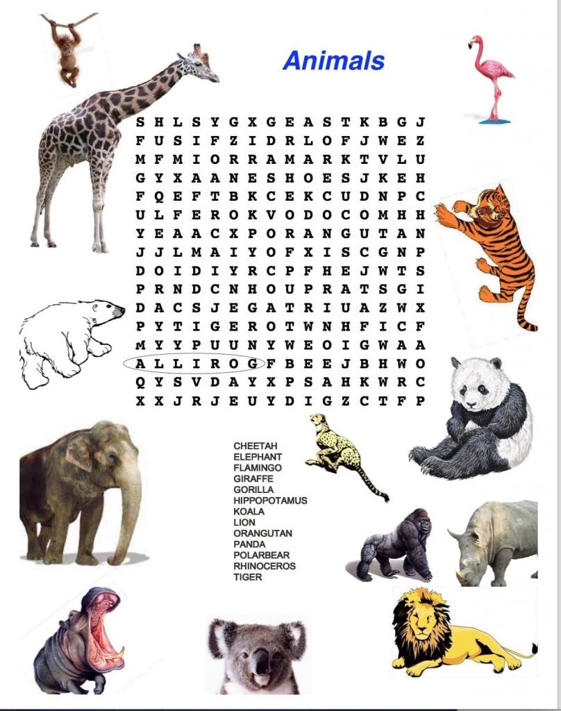 Animals Word Search | Learning English in MetroWest